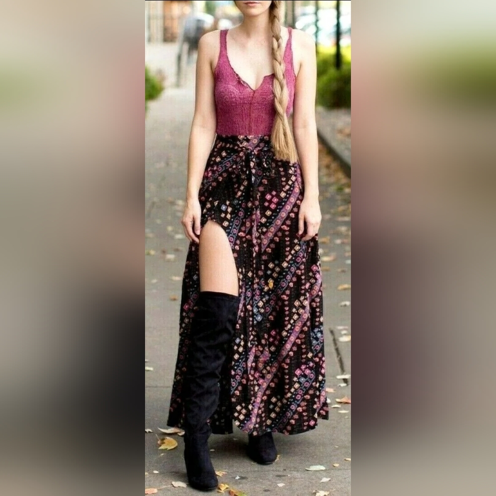 Free People Size 12 Remember Me Wrap  Double Slit Maxi Skirt Boho Gypsy Festival